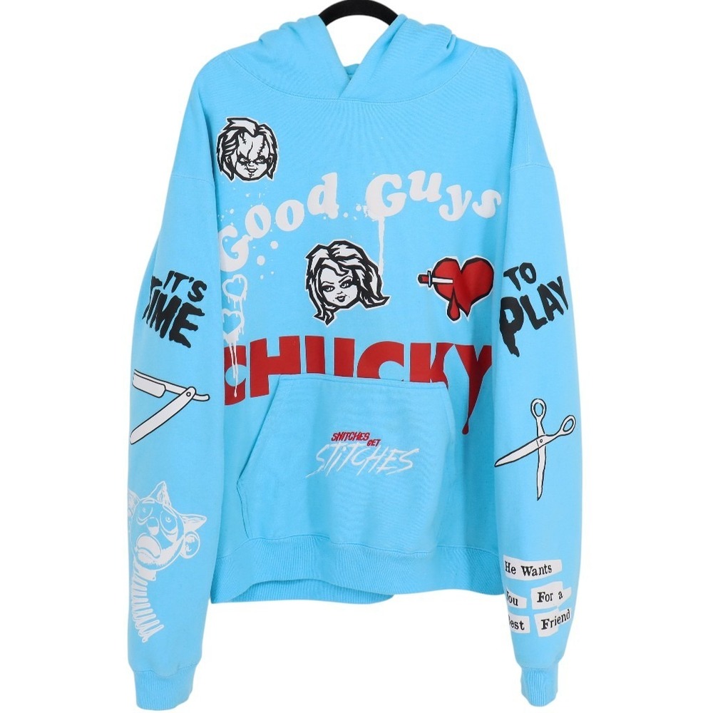 Shoe Palace x Chucky Men's Wanna Play Hoodie Size XL Light Blue Horror Movie